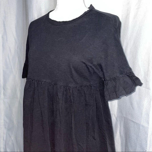 Asos Design Mini Dress Slubby Frill Short Sleeve Smock Pleated A-Line Shift - Picture 2 of 5